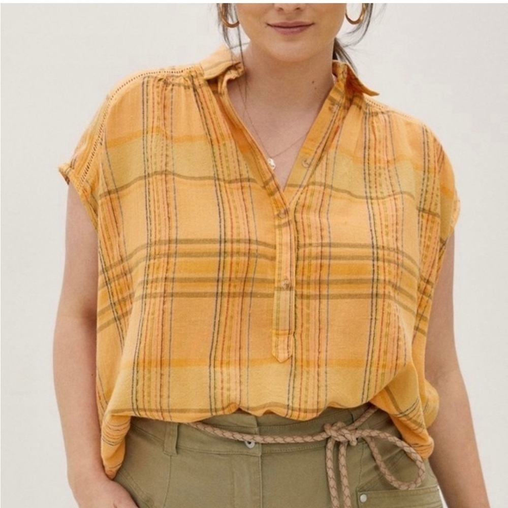 PILCRO Anthropologie Orange Plaid Serena Surf Ladder Lace Inset Boxy Top Size XS